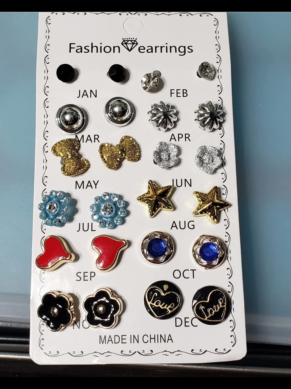 12-Pair Women's Silver, Gold, Blue, Red and Black Stud Set